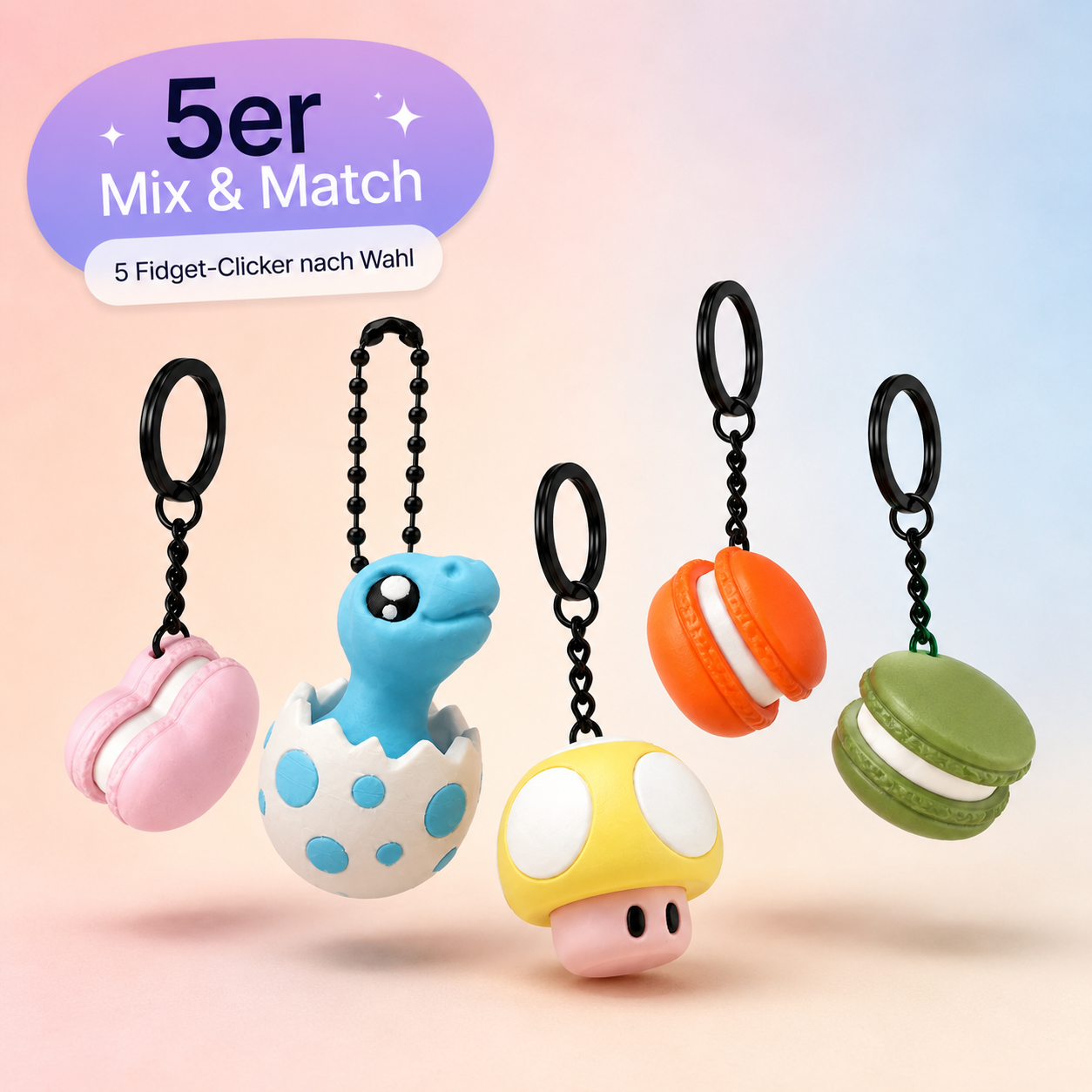 5er Fidget-Clicker Set nach Wahl – Dino, Mushroom und Macaron, 3D-gedruckt aus PLA, Infillity Schweiz