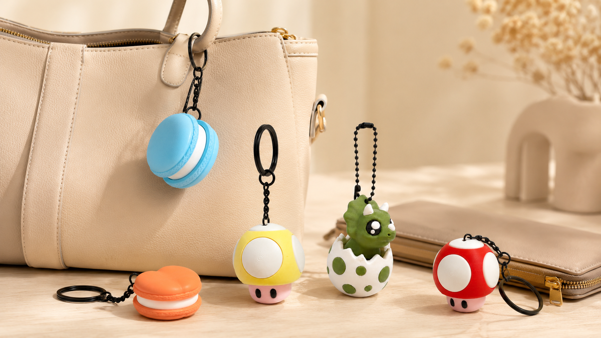 Beige Handtasche mit Fidget-Clicker Anhängern – Dino, Mushroom und Macaron von Infillity Schweiz