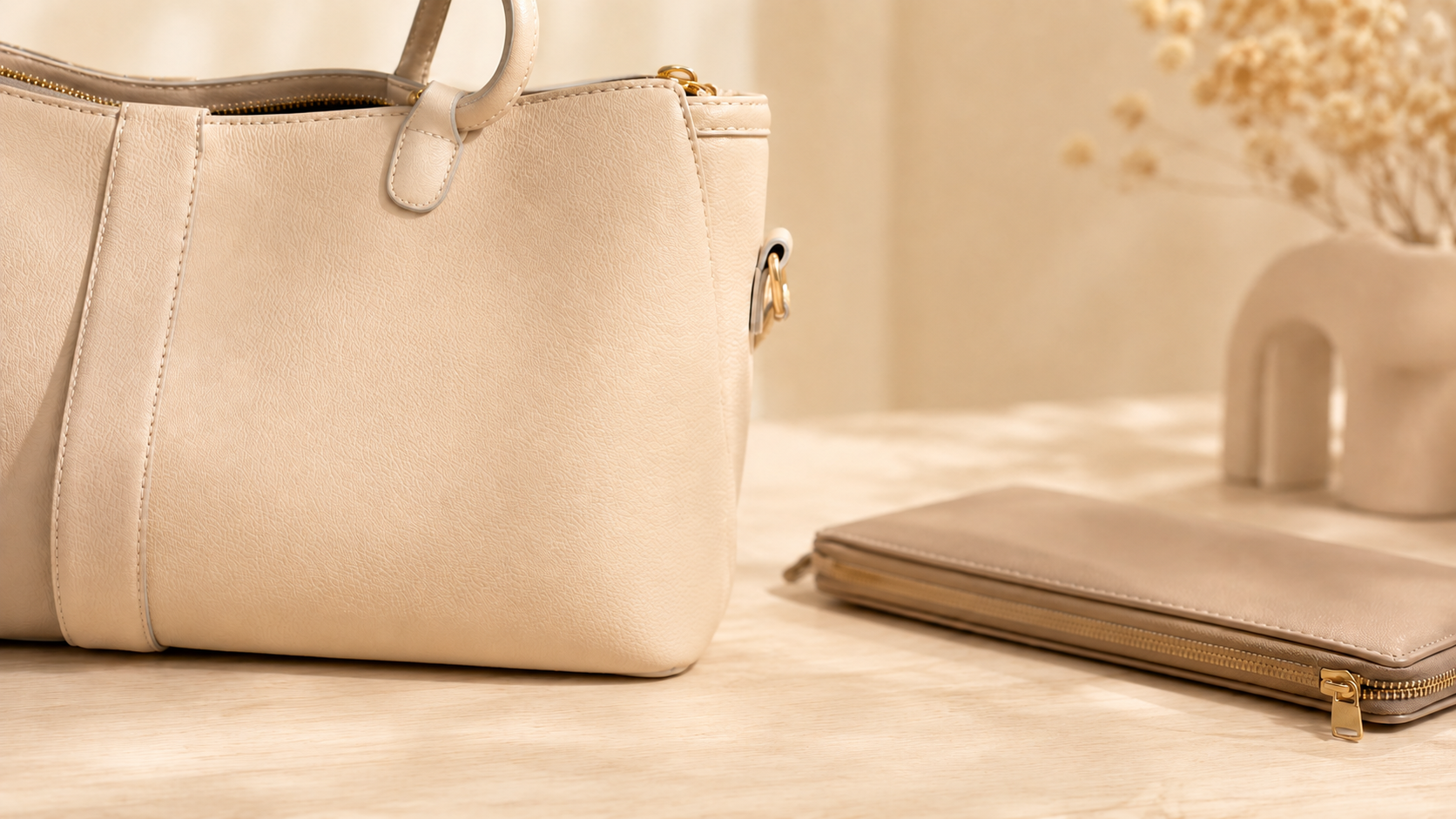 Beige Handtasche und Portemonnaie ohne Fidget-Clicker Anhänger – Vergleichsbild für Infillity Schweiz