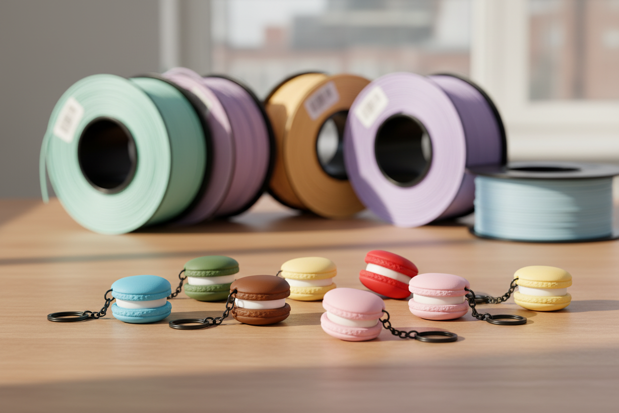 Clicker Keychains auf Arbeitstisch mit 3D-Druckrollen
