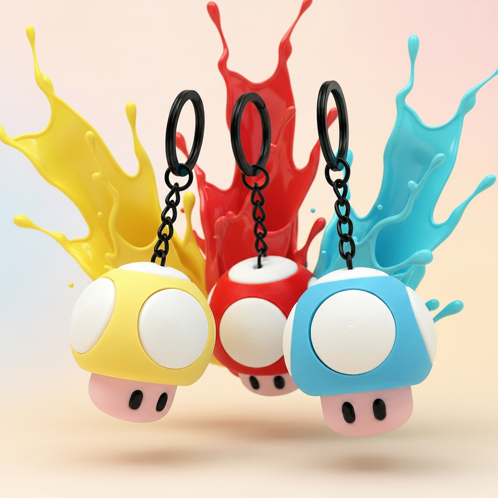 Fidget-Clicker Mushroom in drei Pastellfarben – Gelb, Rot, Hellblau, Infillity Schweiz